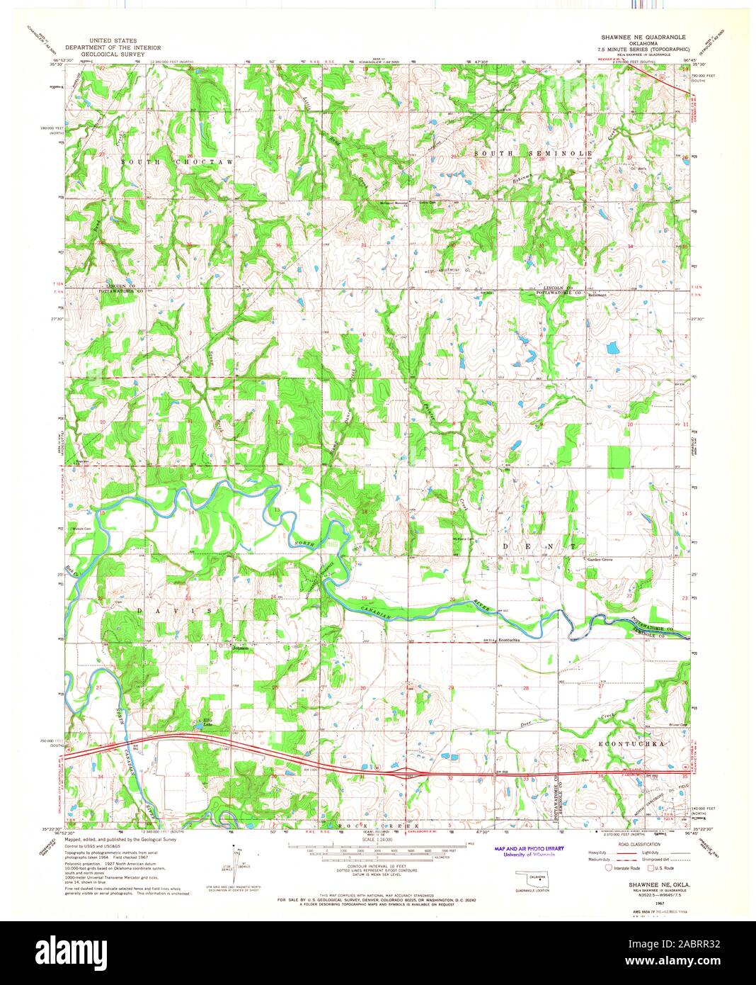 USGS TOPO Map Oklahoma OK Shawnee NE 706783 1967 24000 Restauro Foto Stock