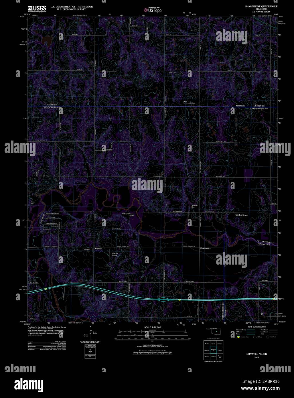 USGS TOPO Map Oklahoma OK Shawnee NE 20121212 TM restauro invertito Foto Stock