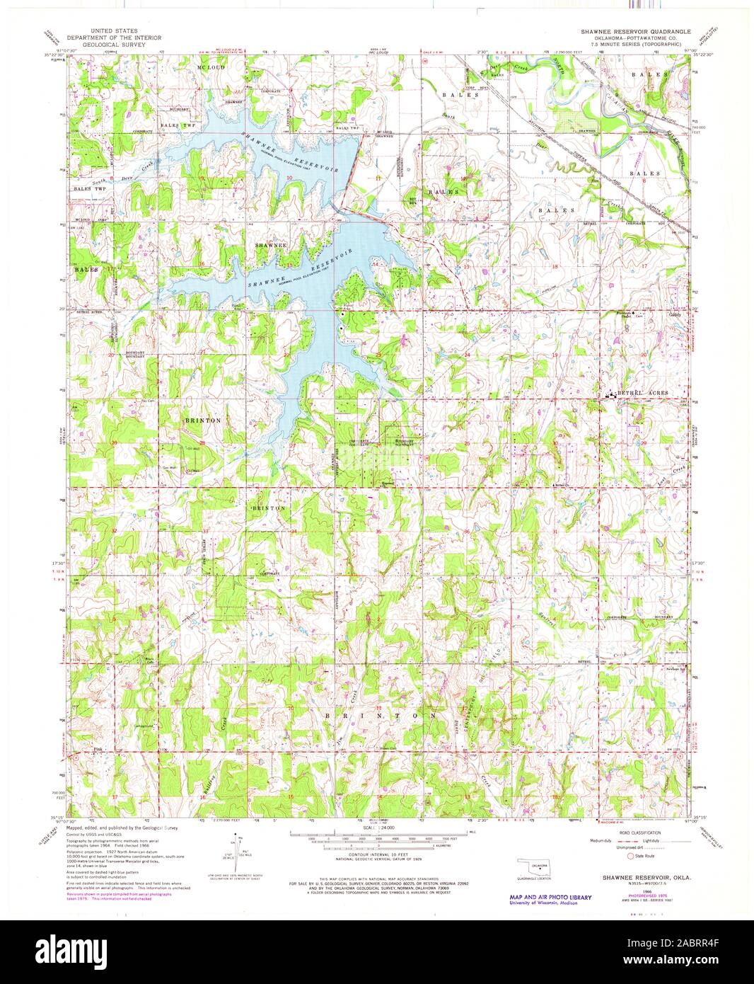USGS TOPO Map Oklahoma OK Shawnee serbatoio 706784 1966 24000 Restauro Foto Stock