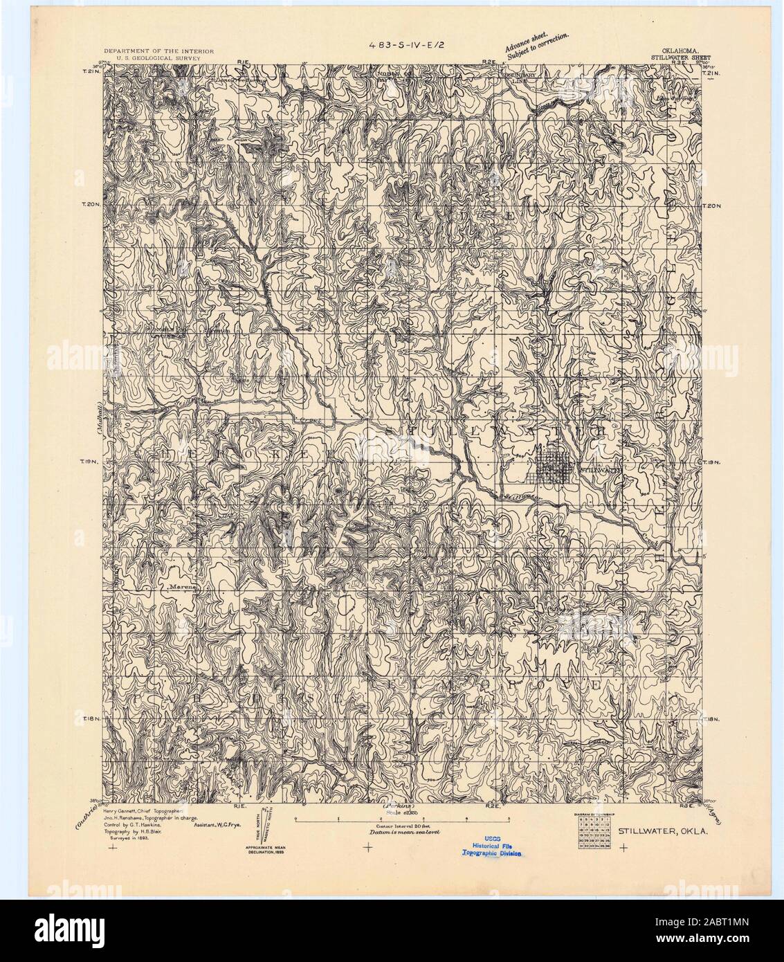 USGS TOPO Map Oklahoma OK Stillwater 802595 1893 62500 Restauro Foto Stock