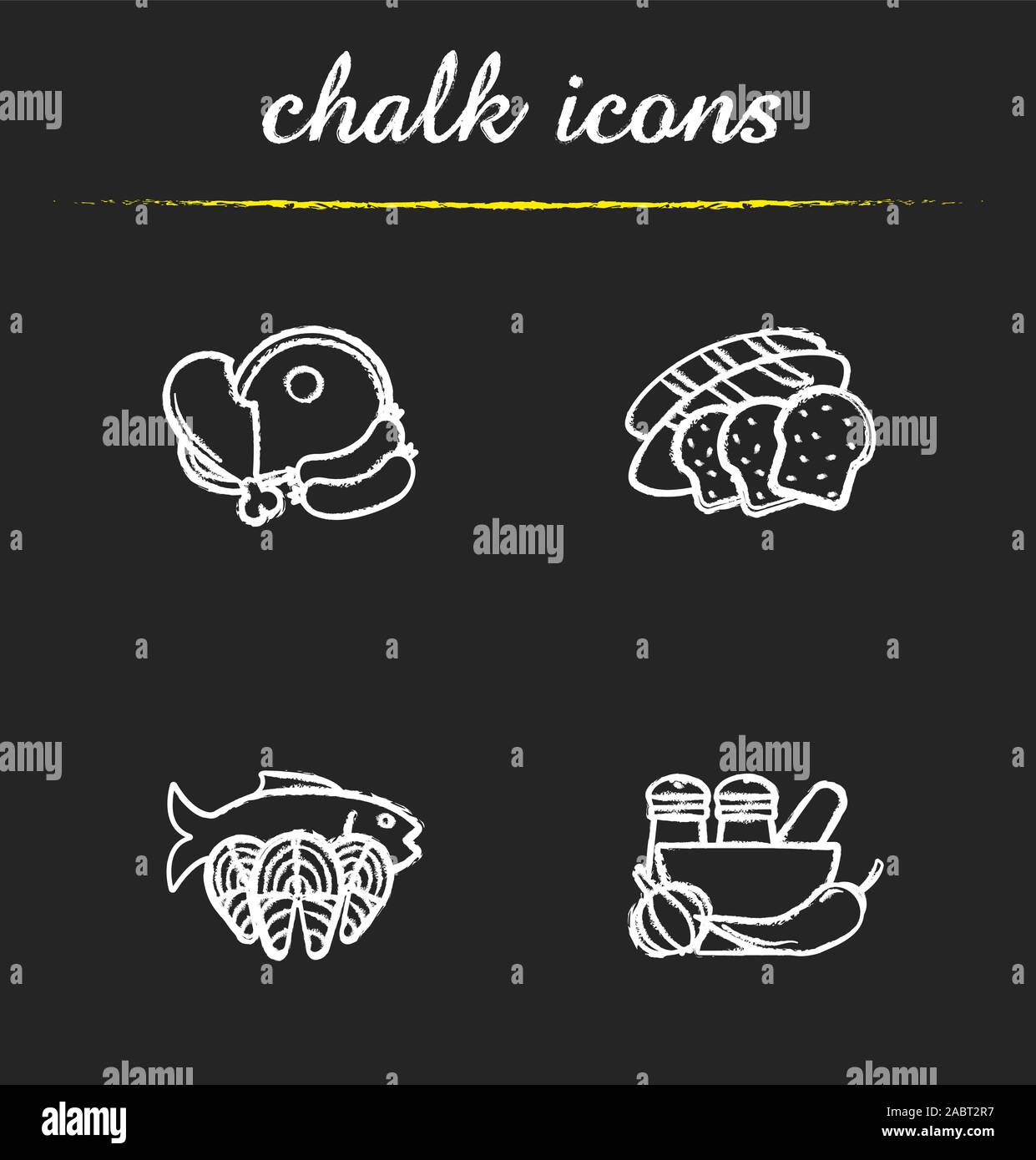 Categorie alimentari chalk set di icone. Negozio di alimentari prodotti. Carne, cereali, pesce e frutti di mare, spezie. Vettore isolato illustrazioni della lavagna Illustrazione Vettoriale