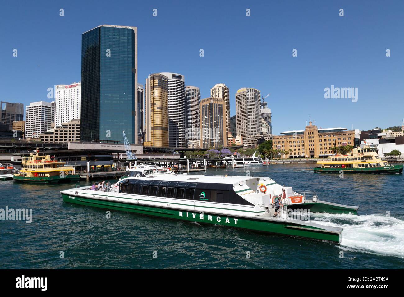 Traghetto Sydney Rivercat - traghetti in catamarano che operano sul fiume Parramatta, che arrivano a ormeggio a Circular Quay, porto di Sydney, Sydney Australia Foto Stock