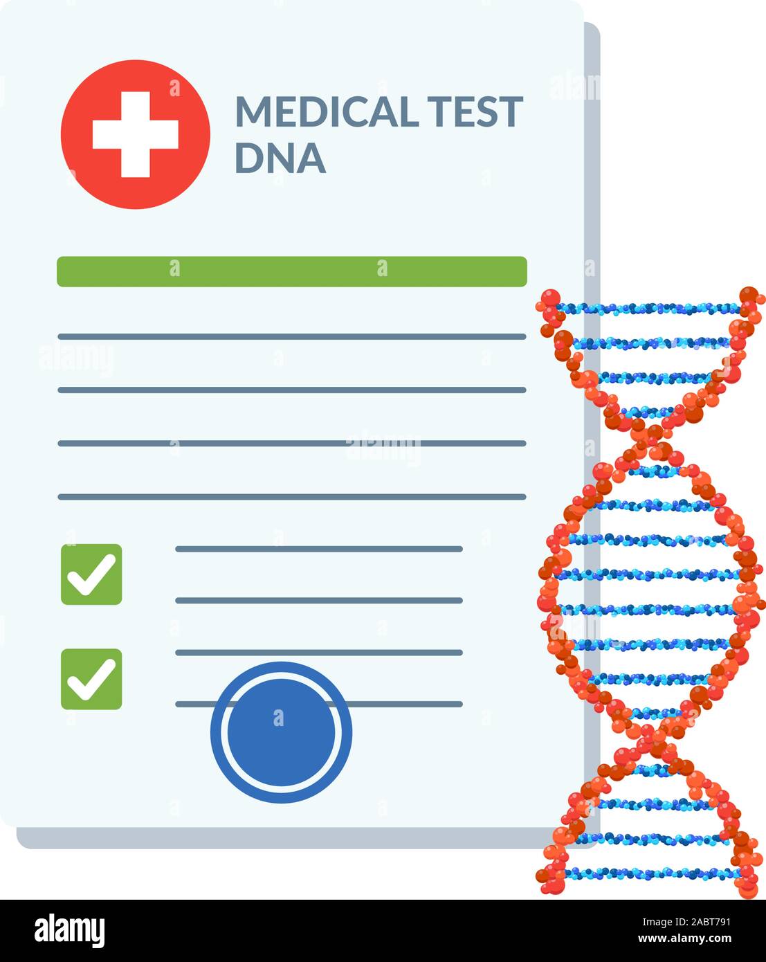 Il documento dei risultati del test di analisi del DNA checklist Blank con struttura molecolare spirale di acido desossiribonucleico. Modulo di rapporto scientifico del paziente del laboratorio medico. Illustrazione isolata del vettore di informazioni genetiche Illustrazione Vettoriale