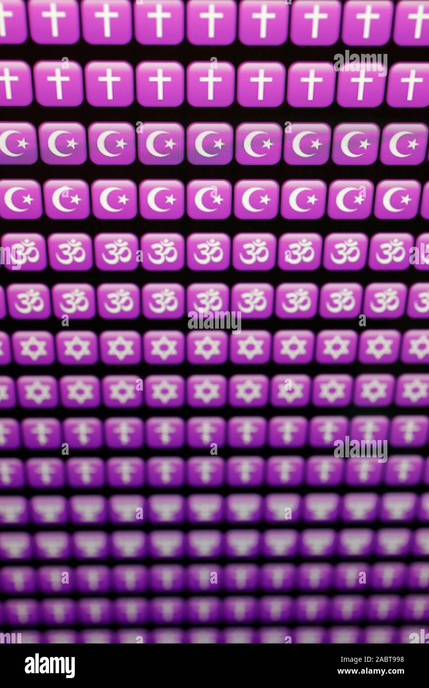 Simboli religiosi : cattolici, musulmani, buddisti, ebrei. Interfaith. Foto Stock