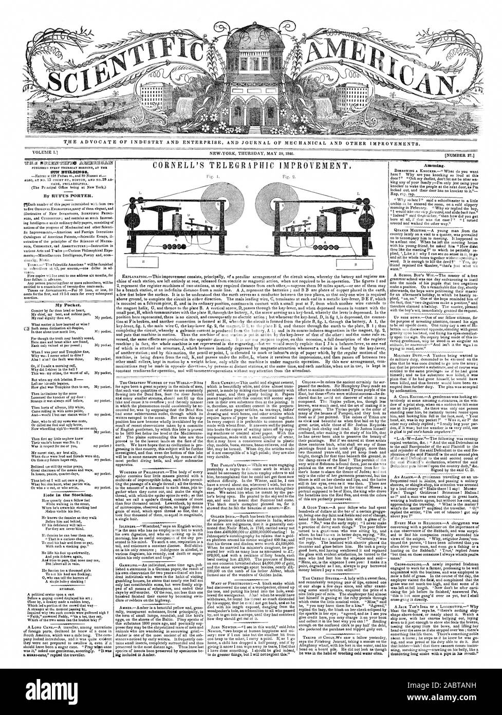 L' AVVOCATO DI INDUSTRIA E ENTERPRISE E ufficiale della meccanica e altri miglioramenti. Pubblicato ogni giovedì mattina a THR CADEI Philadelphia. Epigramma. -.-, Scientific American, 1846-05-28 Foto Stock