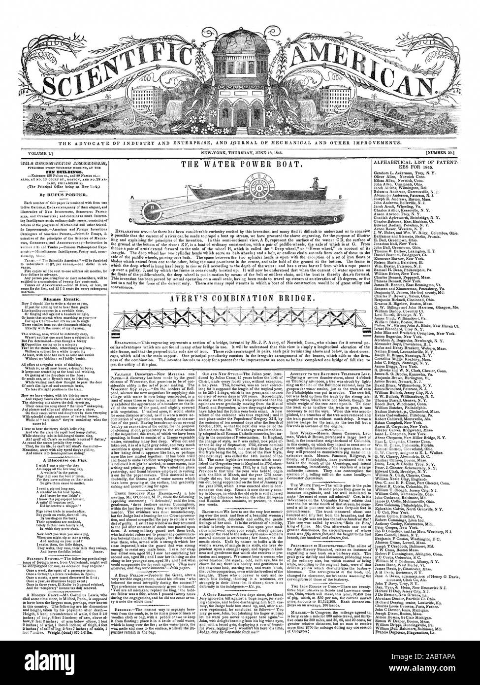 L' AVVOCATO DI INDUSTRIA E ENTERPRISE E JPURNAL del MEC H ANIC AL e altri miglioramenti. EATATER POWER BOAT SUN MALE DLNGS AVERY COMBINAZIONE DEL PONTE, Scientific American, 1846-06-18 Foto Stock