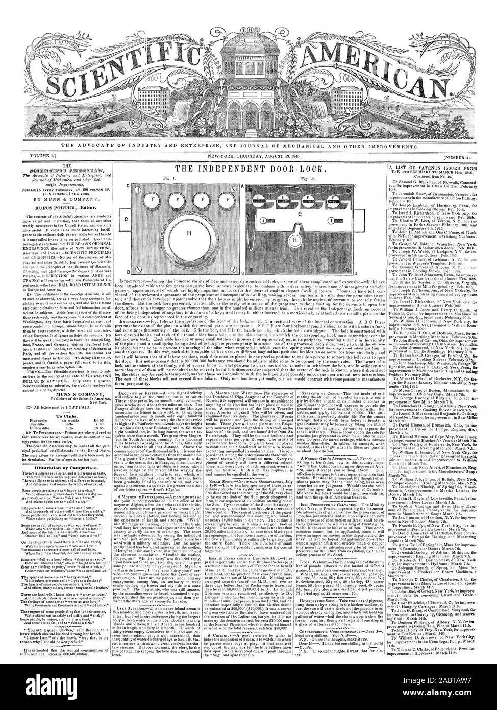 L' AVVOCATO DI INDUSTRIA E ENTERPRISE E UFFICIALE DEL MEC HANIC AL e altri miglioramenti. La porta indipendente-la serratura da MUNN & Company. RUFUS PORTER-Editor. MUNN 51. Azienda di club. Illustrazione di confronto. ow, Scientific American, 1846-08-13 Foto Stock