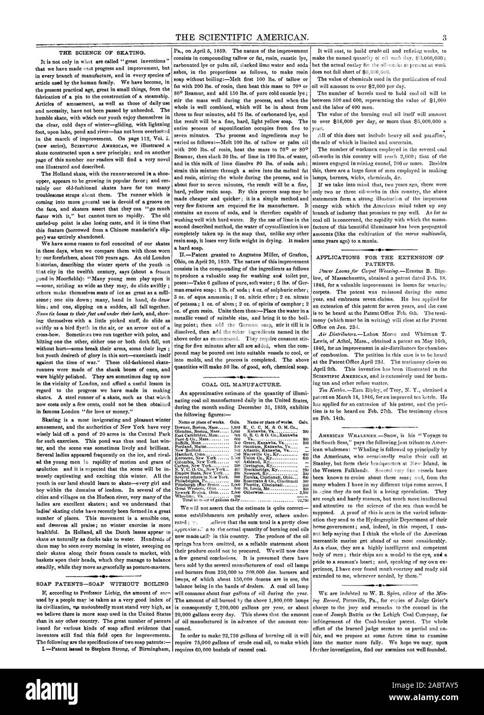 Durante il mese che termina il 31 dicembre 1859 presenta le seguenti figure: non potremo affermare che la stima è del tutto corretta 20000 galloni ogni giorno. Questo mostra che la quantità di olio prodotta è in anticipo la quantità con sumed. richiedono 75000 galloni di carbone grezzo olio per effettuare la quale richiede 60000 bushel di canale del carbone e del lavoro di 400 uomini. Applicazioni per l'estensione del. Brevetti. 46, Scientific American, 1860-01-02 Foto Stock