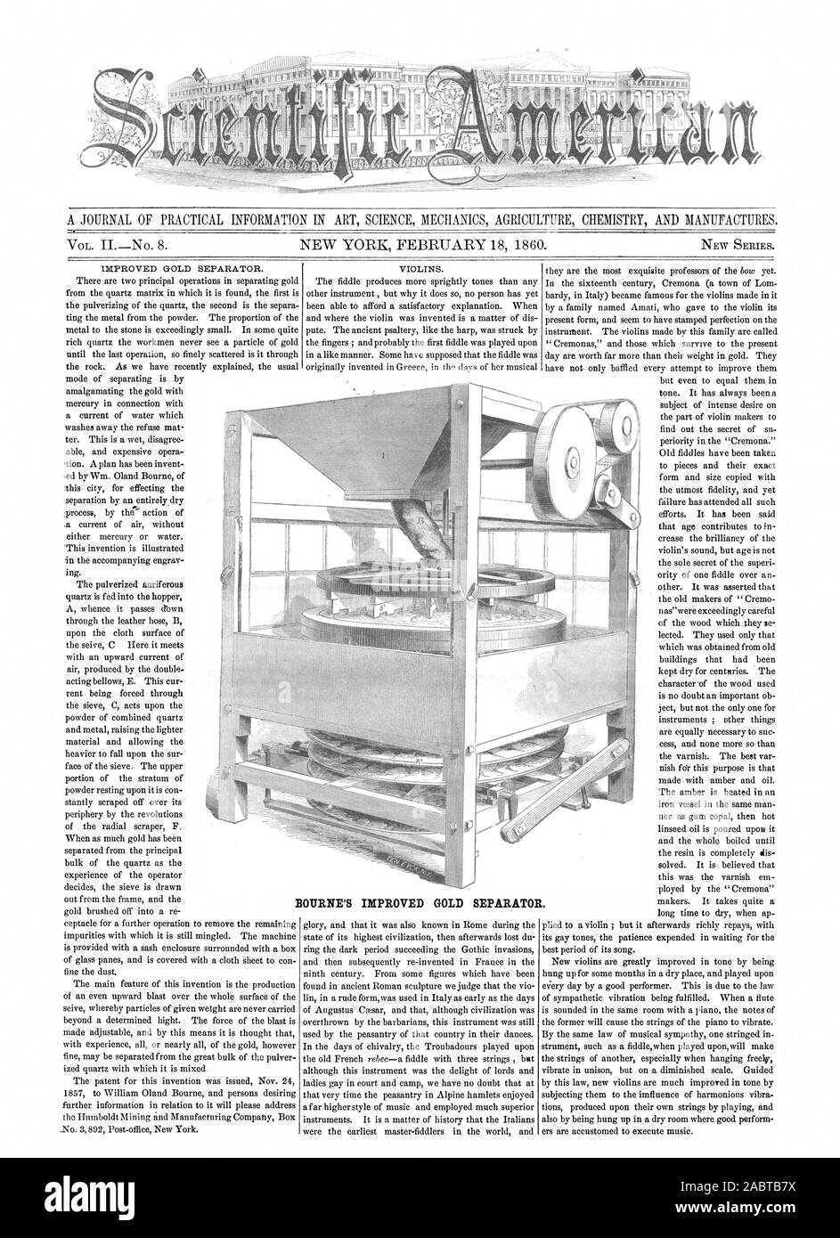 Un ufficiale di informazioni pratiche in arte scienza meccanica agricoltura CHIMICA E PRODUCE. BOTJRNE MIGLIORATA DEL SEPARATORE D'Oro., Scientific American, 1860-02-18 Foto Stock