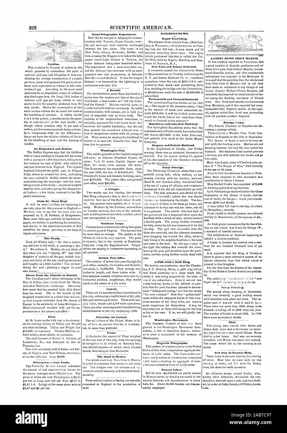 322 Scientific American. Candele. Un Elopement e soccorso. Vetro per Plano chiavi. La verità. Direttamente dall'Atlantico a Detroit. Gli incendi. In Pennsylvania il commercio di carbone. Grande Esperimento telegrafico. Un eremita. La città di Washington. A comprimere il. Colture del sud. British Post Office Lowell. La raccolta per l'Irlanda. Farina. La strada per il Messico. Ultime notizie PRO 71 MESSICO. Voci straniere. La tosatura delle pecore. Shot. Nuovo modo di misurare il latte. Ferrovia NEWS. Un rapido viaggio. New York e Boston Railroad. Portsmouth e Concord Railroad Mad River e il Lago Erie Railway. Niagara e ferrovia di Detroit. Grande sdegno. Un pesce con un Foto Stock