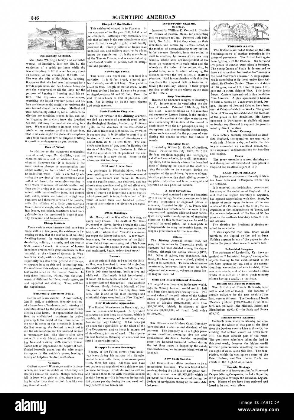 346 Scientific American malinconia incidente. Case a basso costo. La malinconia effetti di follia. Le donne. Cappella dei Medici. Newburgh Yacht. Ufficio Caccia. Lancio. Nuovo apparecchio idraulico. Knapp estivo di bevanda. Inventori rivendicazioni. Trasmissione a ingranaggi. Ventilazione della nave. Il cambio di marcia. Una nuova invenzione. Mine. Miniere d'oro e d'argento dell'America. Dividendo. New York canali. Notiziario estero. Un modello di fabbrica. La febbre di ritardo DA MEXIC lega industriale. British e ferrovie francesi. Hudson River Railroad. Canada Mining. Oro e Argento Ore., 1847-07-24 Foto Stock