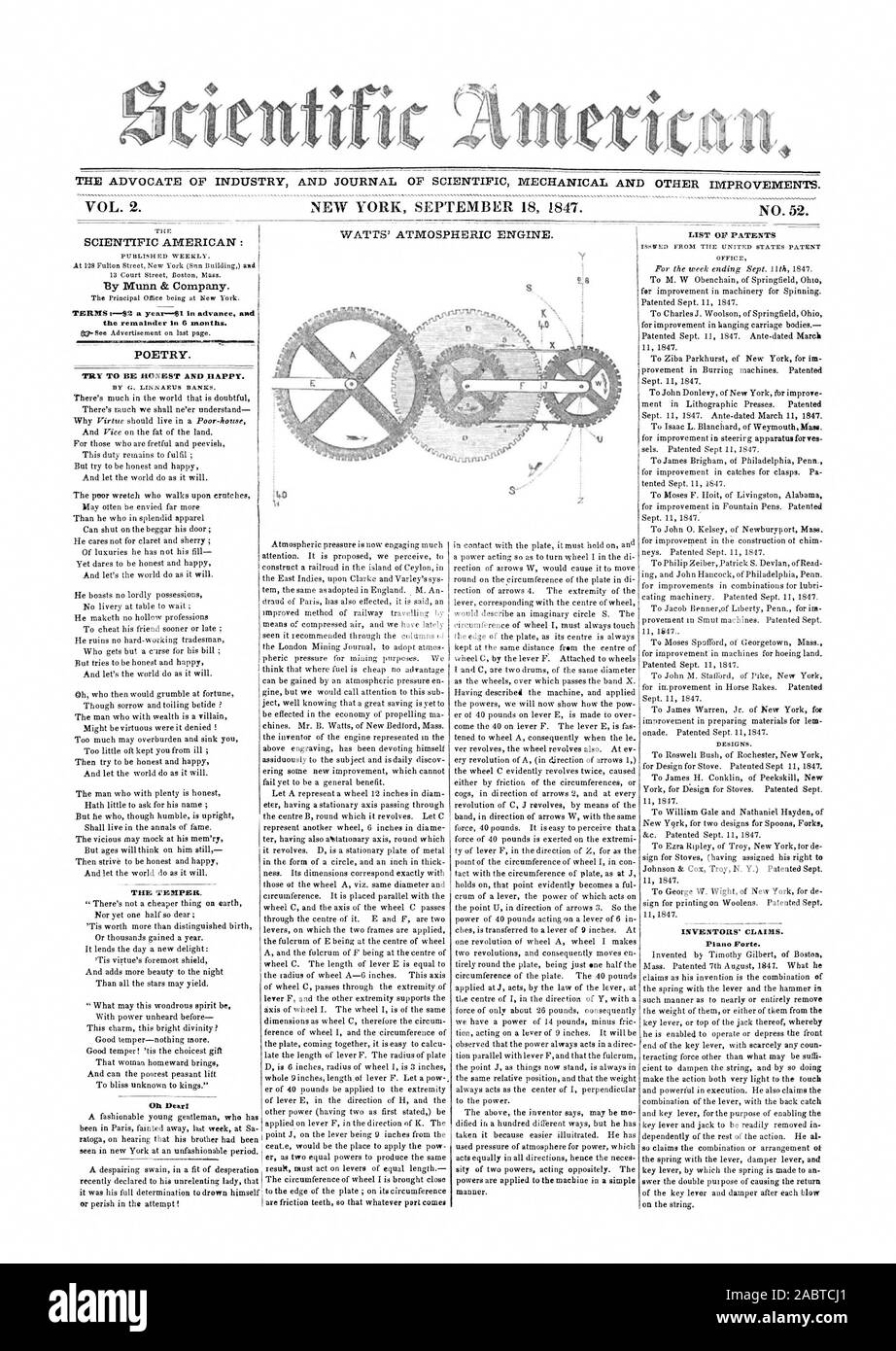 Dentific AVVOCATO DI INDUSTRIA E UFFICIALE DI SCIENTIFIC AMERICAN: Da Munn & Company. il resto in 6 mesi. La POESIA. Cerchiamo di essere onesti e felice. Il temperamento. Elenco dei brevetti Piano Forte., 1847-09-18 Foto Stock