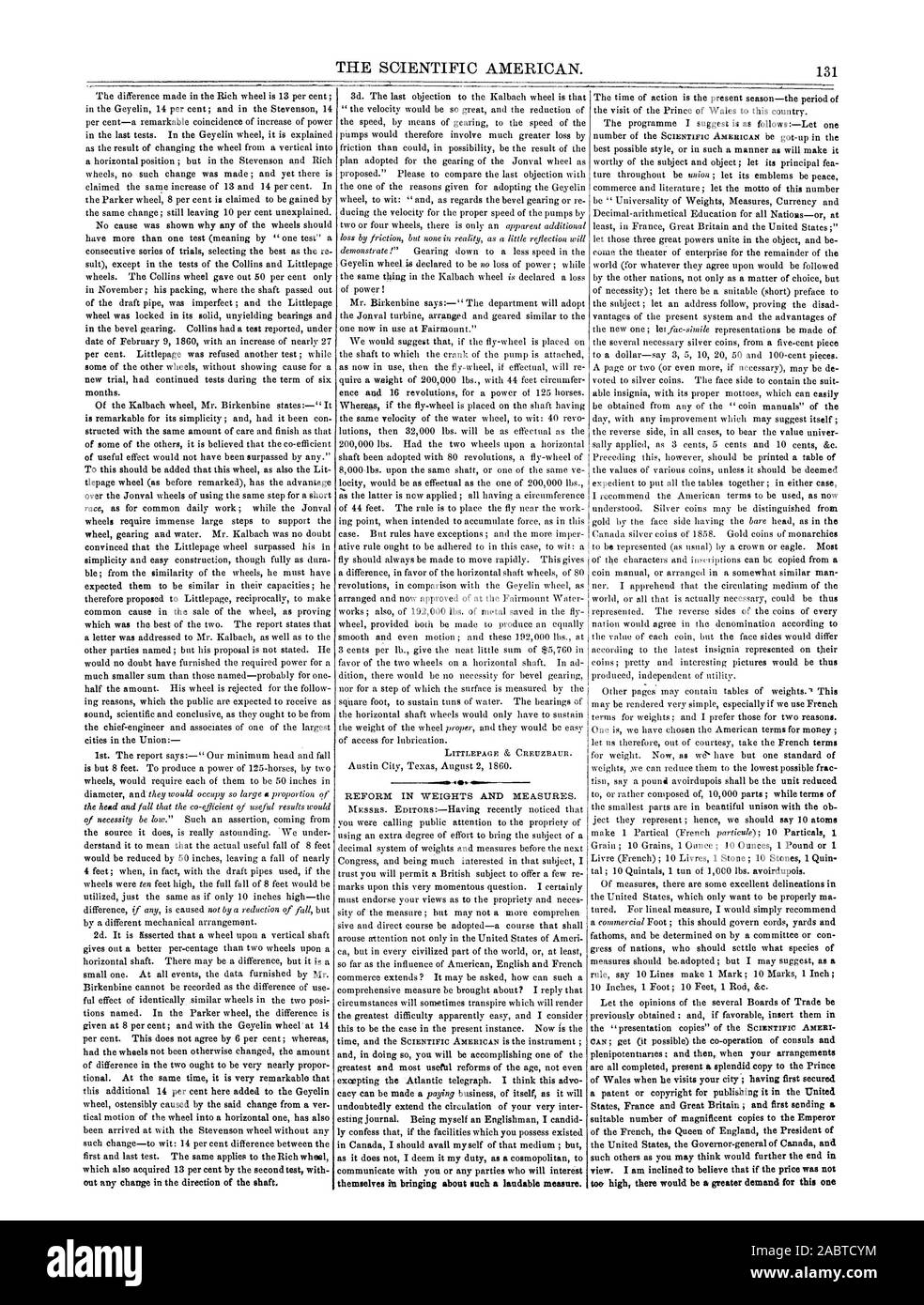 Il Scientific American. 131 RIFORMA IN PESI E MISURE. se stessi per portare a compimento una tale misura lodevole., 1860-08-25 Foto Stock