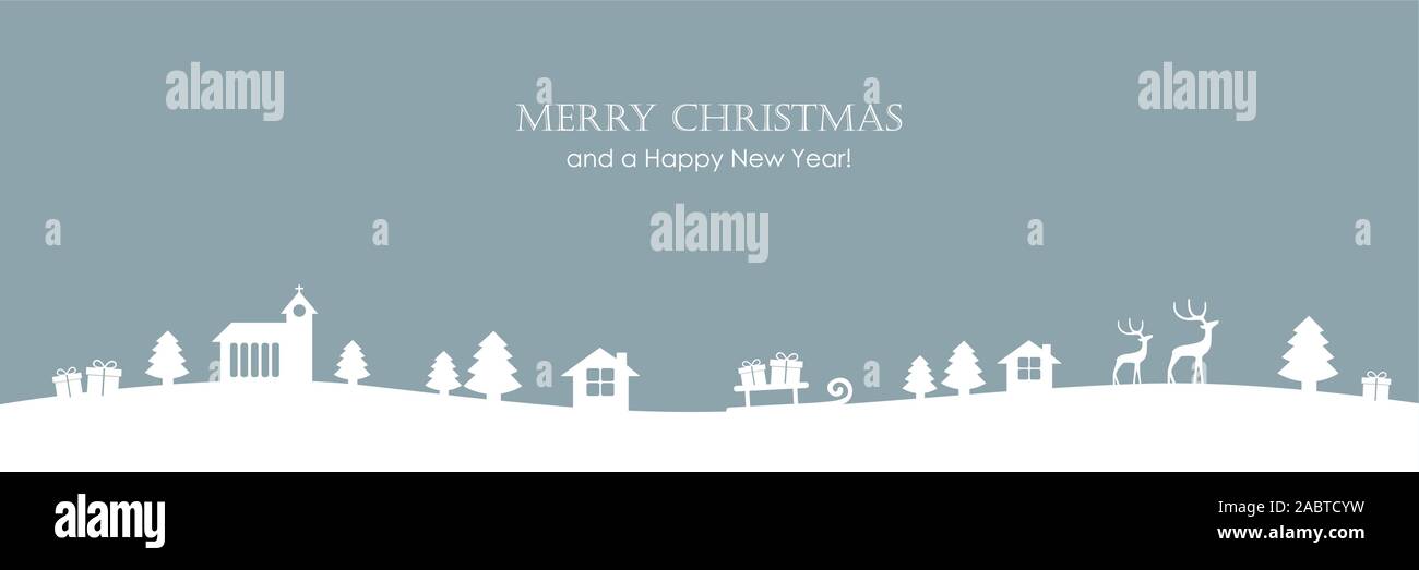 Bordo di Natale con chiesa casa fir cervi e dono paesaggio illustrazione vettoriale EPS10 Illustrazione Vettoriale