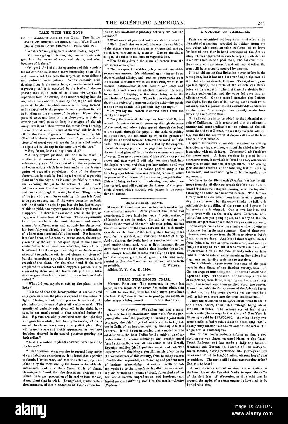 Parlare con i ragazzi. No. 6ACIDO CARBONICO IN FOGLIA-l'PHILO SOPHY di bruciare carbone-il modo in cui le piante traggono la loro sostanza solida dall'aria. media." IL VAPORE FIRE-motore di prova., Scientific American, 1860-10-13 Foto Stock
