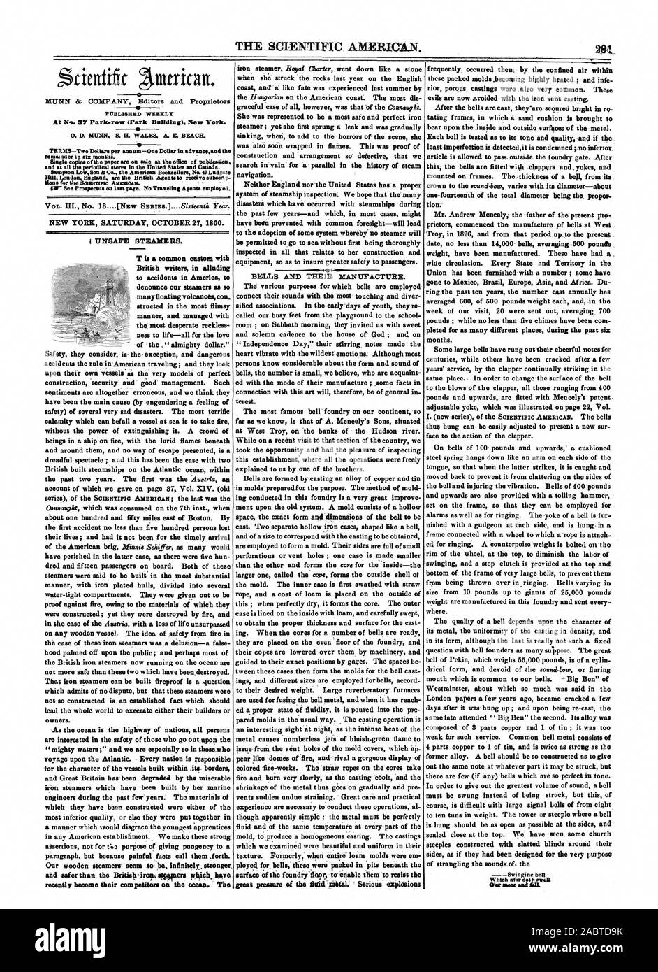 Corso è difficile con grandi campane di segnale da otto è appeso dovrebbe essere quanto più possibile aperti ai lati e chiudere a tenuta nella parte superiore. Abbiamo visto alcune guglie della chiesa costruita con frangisole intorno ai loro lati come se fossero state progettate per il solo scopo di strangolare l'souncle del Swingine campana che lontano fa T è un comune con orientale Scrittori britannici alludendo ad incidenti in America, Scientific American, 1860-10-27 Foto Stock