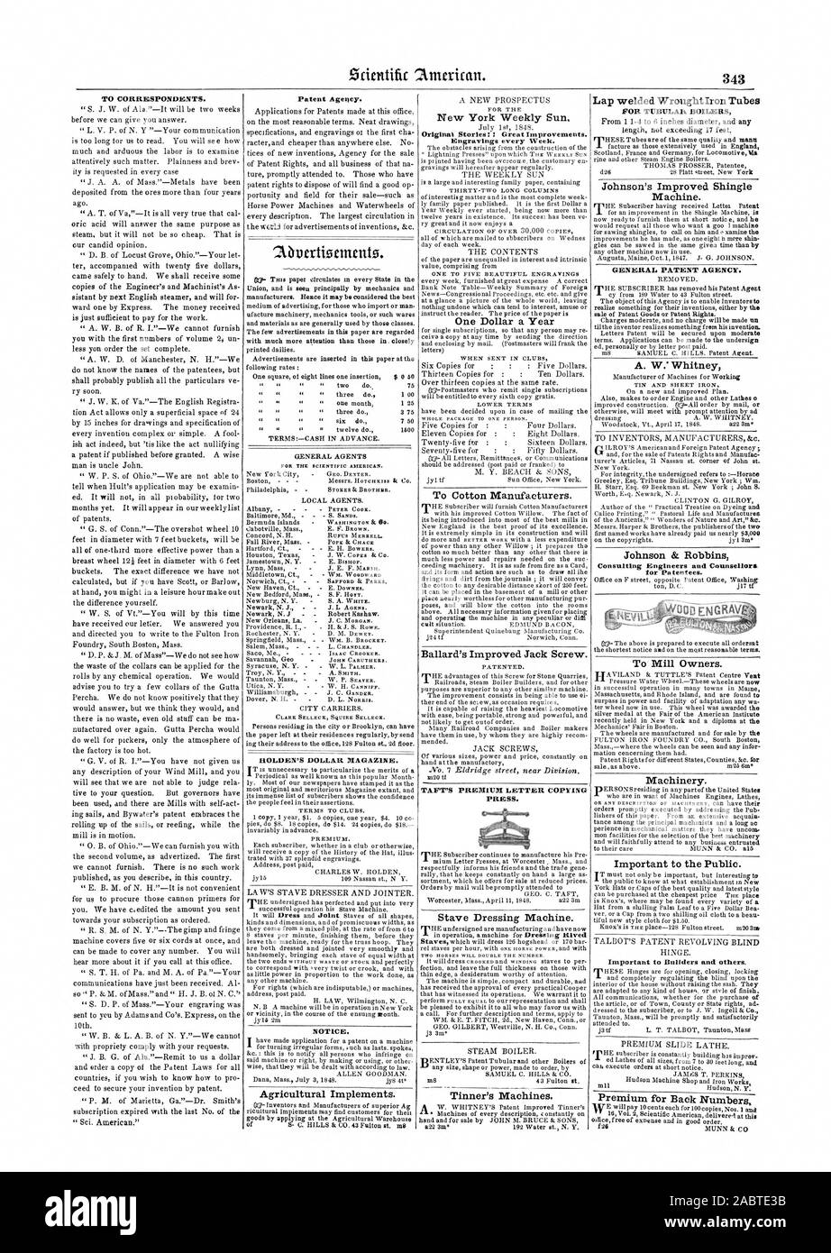 Per corrispondenti. Agenzia brevetti. Per la Scientific American. Middletown Ct. - WM. WOODWARD Sac Me. Isacco CROOKER. CLARK SELLECK SCUDIERO SELLECK. HOLDEN PER IL DOLLARO MAGAZINE. Avviso. Attrezzi Agricoli. New York Weekly sole storie originali! ! Grandi miglioramenti. Un dollaro UN ANNO INTERO PACCHETTO PER UNA PERSONA. Per i produttori di cotone. Ballard migliorata del martinetto a vite. TAFT PREMIUM Copia lettera premere. Doga macchina ravvivatrice. Due cavalli sarà il doppio del numero Tinner macchine del giro saldati in ferro battuto di tubi per il tubolare. Caldaie Johnson la migliore macchina di scandole. Generale AGENZIA BREVETTI. A. W Foto Stock