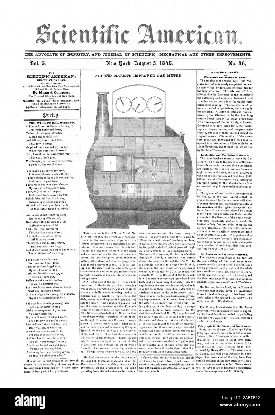 L' AVVOCATO DI INDUSTRIA E UFFICIALE DI SCIENVIFIC meccanica e altri miglioramenti. Il Scientific American: Da Munn & Company. La poesia. La moglie al marito IlEit. Ferrovia Strada NEWS. Louisville e Francoforte Railroad. St Andrews e quelbec Railroad., 1848-08-05 Foto Stock