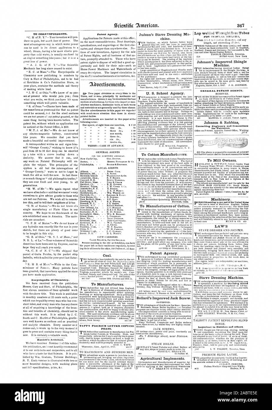 TAFT PREMIUM Copia lettera premere. Per i costruttori. Il carbone. " Per la XCIENTIFIC americano. PETER COOK. - S. SANDS. WASHINGTON EA CO. RUFUS MERRELL. Papa & CHACE WM. W ODWARD SAFFORD & parchi. J. L AKERS. - WM. B. BROCEET. ISAAC CROORER. W. L. Palmer. Per corrispondenti. Enciclopedia di Chimica. La Ranlett architetto. chine. U. S. Scuola Agenzia. Per i produttori di cotone. Per i produttori di cotone. Agenzia brevetti. Ballard migliorata del martinetto a vite. La tecnologia brevettata. Attrezzi Agricoli. Giro saldati in ferro battuto tubi per caldaie tubolari Johnson la migliore macchina di scandole. Generale AGENZIA BREVETTI. Johnson Foto Stock