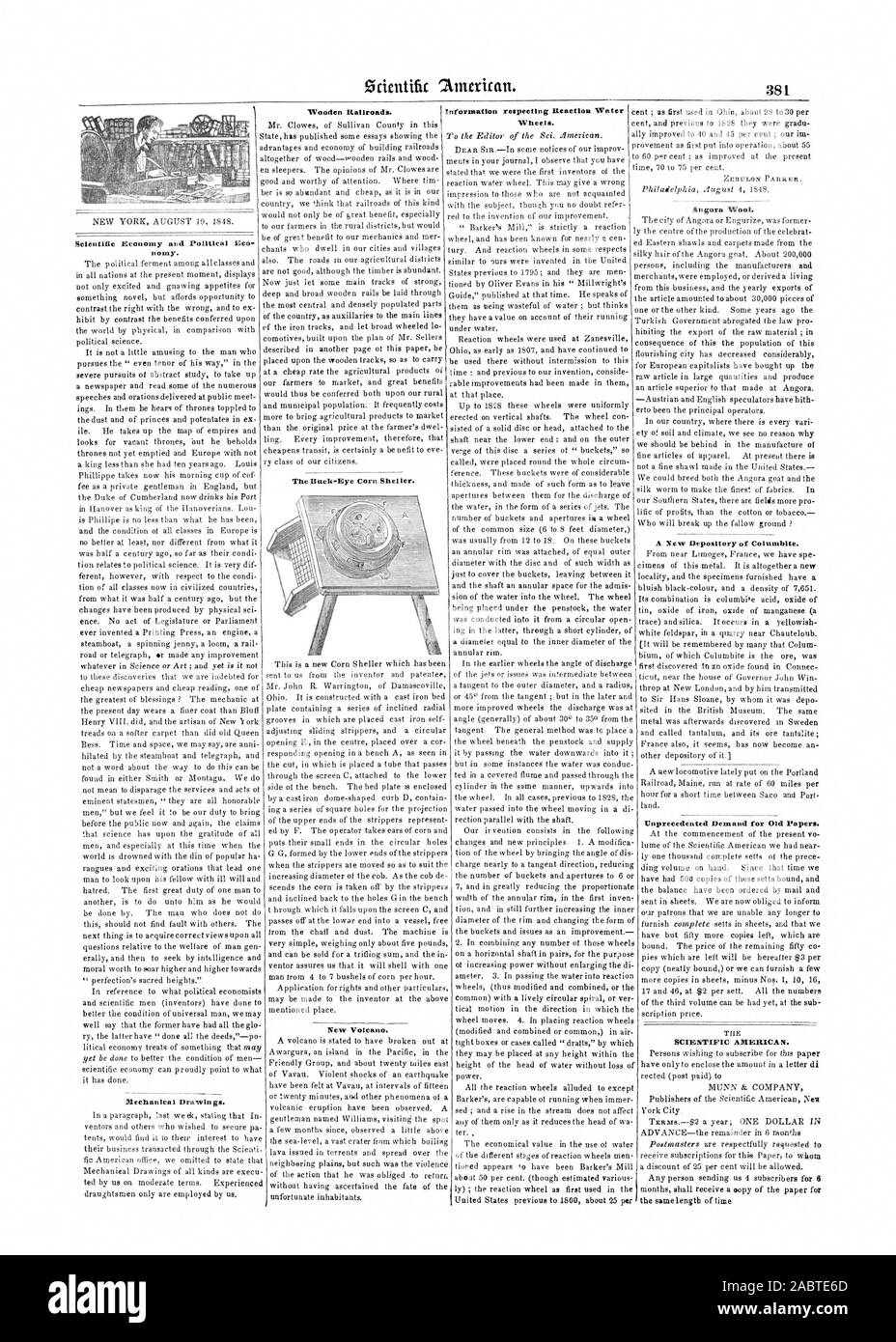 Il Mais Buck-Eye Sheller. RaHroads in legno Il Sig. Clowes di Sullivan County in questo Stato ha pubblicato alcuni saggi che mostra i vantaggi ed economia di costruzione di ferrovie del tutto di legno-rotaie di legno e legno en traversine. I pareri del sig. Clowes sono in buone condizioni e meritevoli di attenzione. Dove tim ber è così abbondante e a buon mercato come è nel nostro paese noi pensiamo che ferrovie di questo tipo non solo sarebbe di grande beneficio soprattutto per i nostri agricoltori nelle zone rurali districtsbut sarebbe di grande beneficio per i nostri meccanici e mer canti che abitano nelle nostre città e nei nostri villaggi anche. Le strade del nostro Foto Stock