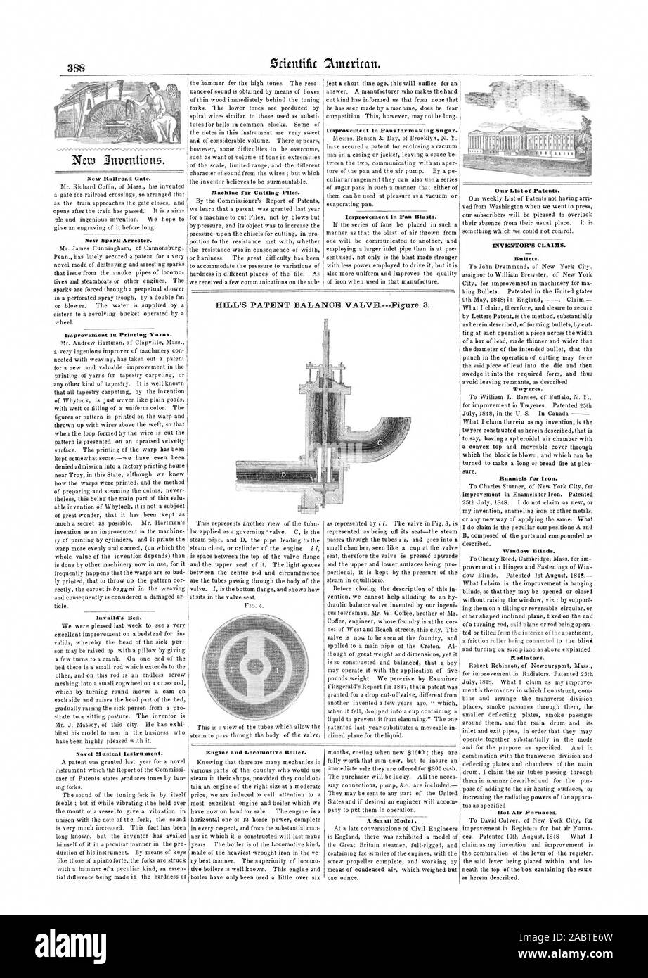 Nuova ferrovia Gate. Nuovo soppressore di scintille. Miglioramento la stampa di filati. Non valido il letto del. Nuovo strumento musicale. Macchina per il taglio di file. Il motore e la locomotiva caldaia. Miglioramento nelle teglie tor lo zucchero. Miglioramento nella ventola grida. A. Modello di piccole dimensioni. Il nostro elenco dei brevetti. Inventore di rivendicazioni. I proiettili. Twyeres. Smalti per ferro da stiro. I ciechi della finestra. Radiatori., Scientific American, 1848-08-26 Foto Stock