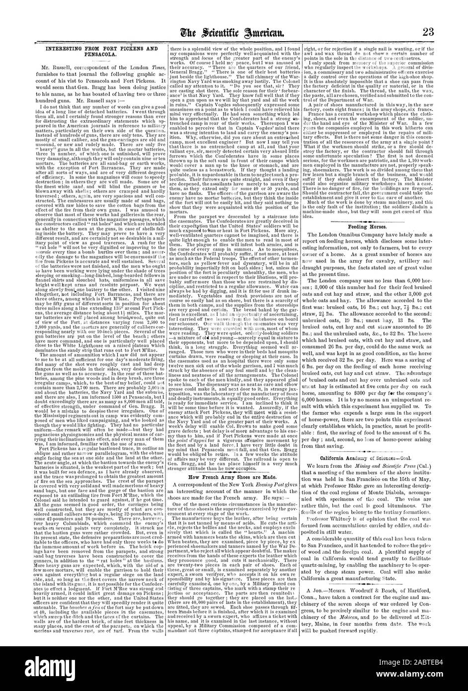 Interessante da FORT PICHENS E PENSACOLA. Come esercito francese scarpe sono realizzate. Alimentazione di cavalli. Accademia delle Scienze della California-carbone. -Abbiamo0 .-, Scientific American, 1861-07-13 Foto Stock