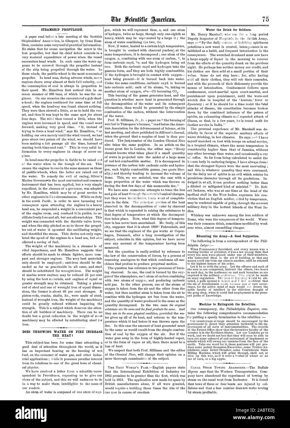 Piroscafo propulsione. Non gettare acqua sul fuoco AUMENTARE IL CALORE ACQUA ho la bevanda per i soldati. Macchina per estinguere la ribellione., Scientific American, 1861-08-03 Foto Stock