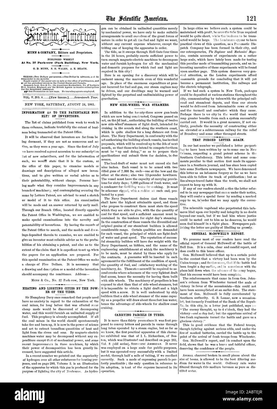 Informazioni come il brevettabile NOV ELTY delle invenzioni. Riscaldamento e illuminazione città dai POW ER delle maree. Nuovo lato-ruota vaporizzatori di guerra. Che hanno forgiato la lettera di nuovo. DieDOWELL generale della relazione., Scientific American, 1861-08-24 Foto Stock