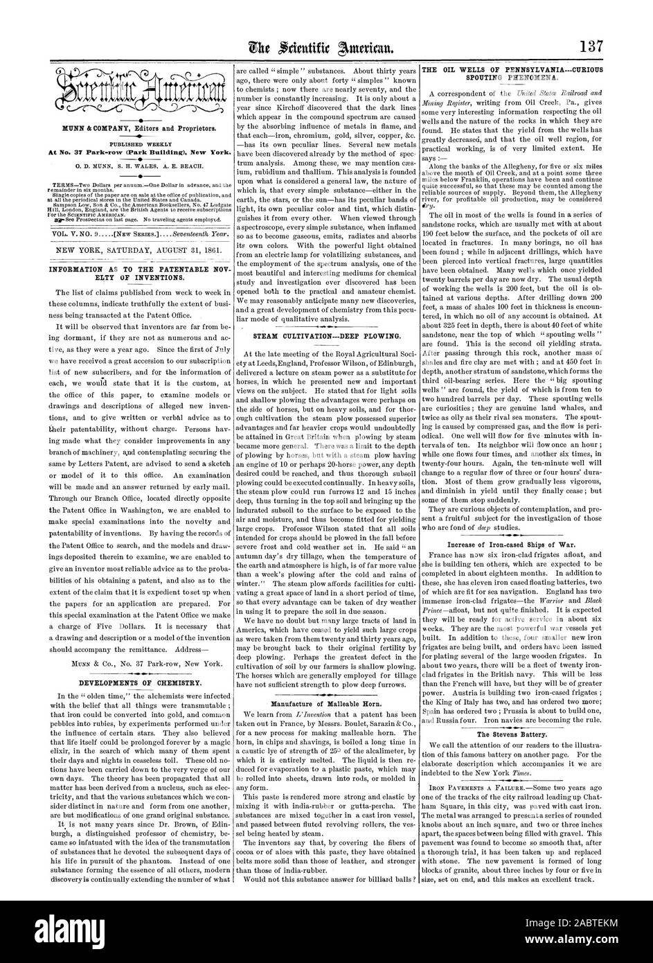 137 al n. 37 Park-fila (Park Edificio) New York. Informazioni come il brevettabile NOV ELTY delle invenzioni. Sviluppi della chimica. Il vapore CULTIVATIONDEEP aratura. La fabbricazione di ghisa malleabile avvisatore acustico. I pozzi di petrolio della Pennsylvania-curiosi fenomeni di insufflazione del. Aumento di ferro rivestita di navi da guerra. La batteria di Stevens. 1861 Scientific American INC., 1861-08-31 Foto Stock