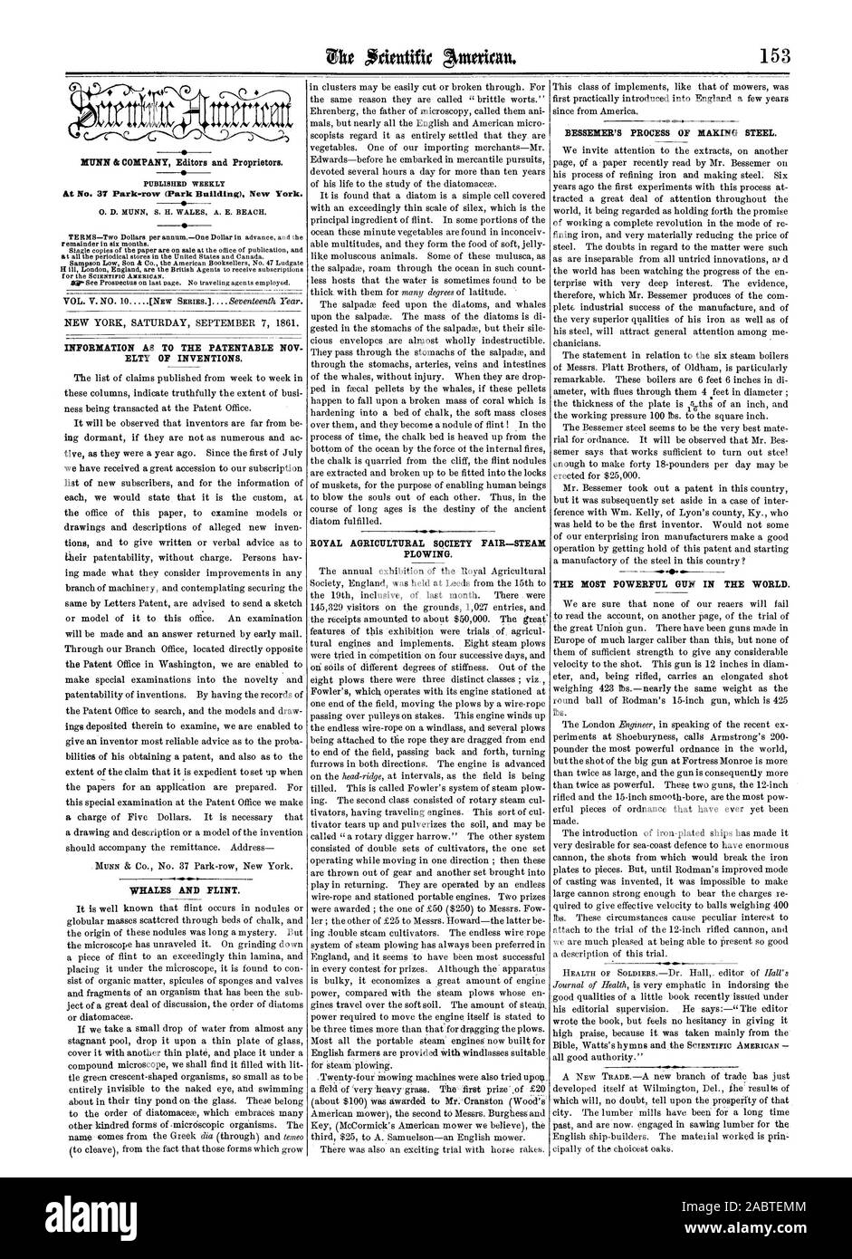 Informazioni come il brevettabile NOV ELTY delle invenzioni. Balene e selce. ROYAL AGRICULTURAL SOCIETY FAIR-aratura a vapore. BESSEMER NEL SUO PROCESSO DI PRODUZIONE DI ACCIAIO. La più potente pistola nel mondo., Scientific American, 1861-09-07 Foto Stock