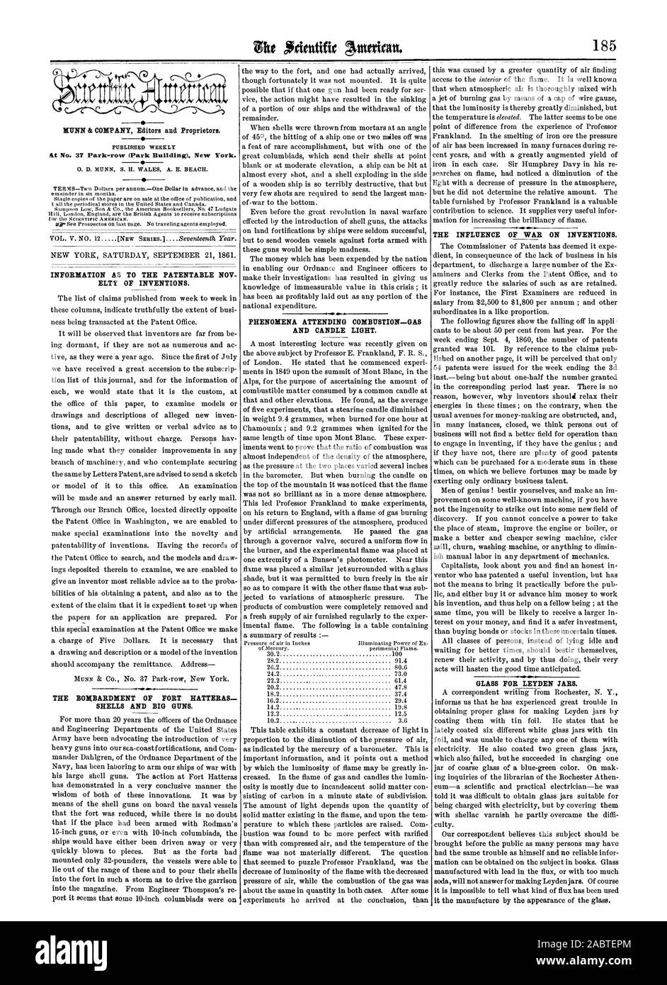 Nutrion. 185 MUNN & Company Redattori e proprietari. Al n. 37 Park-fila (Park Edificio) New York. Informazioni come il brevettabile NOV ELT Y delle invenzioni. Il bombardamento di FORT HATTERAS gusci e armi di grosso calibro. Frequentando i fenomeni di combustione di gas e la luce di una candela., Scientific American, 1861-09-21 Foto Stock
