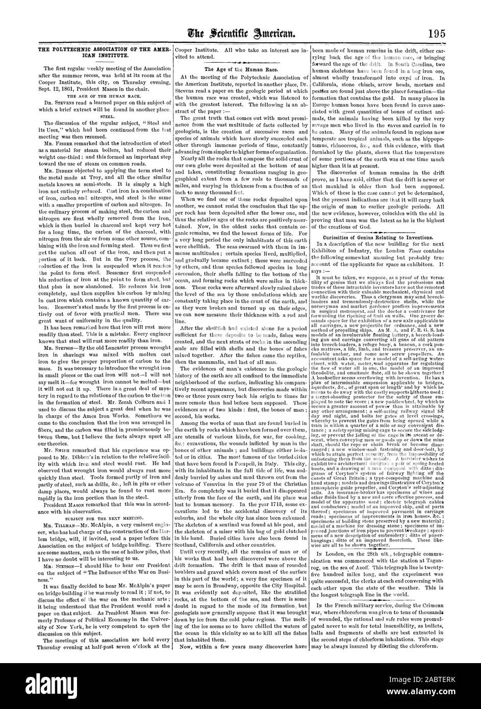 L'età della razza umana. Acciaio. Oggetto della prossima riunione., Scientific American, 1861-09-28 Foto Stock