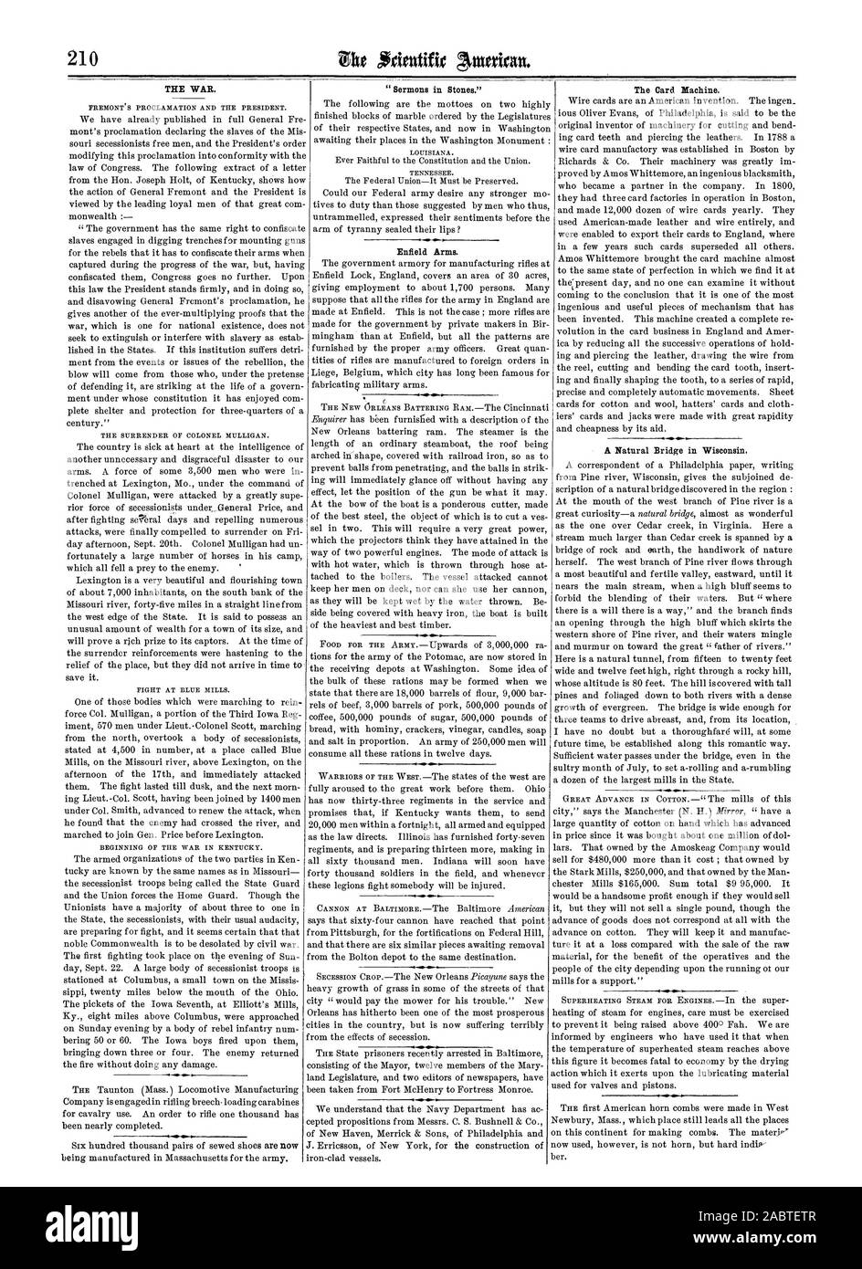 Sermoni nelle pietre. La guerra. La scheda Macchina. Un ponte naturale in Wisconsin. Bracci di Enfield., Scientific American, 1861-10-05 Foto Stock