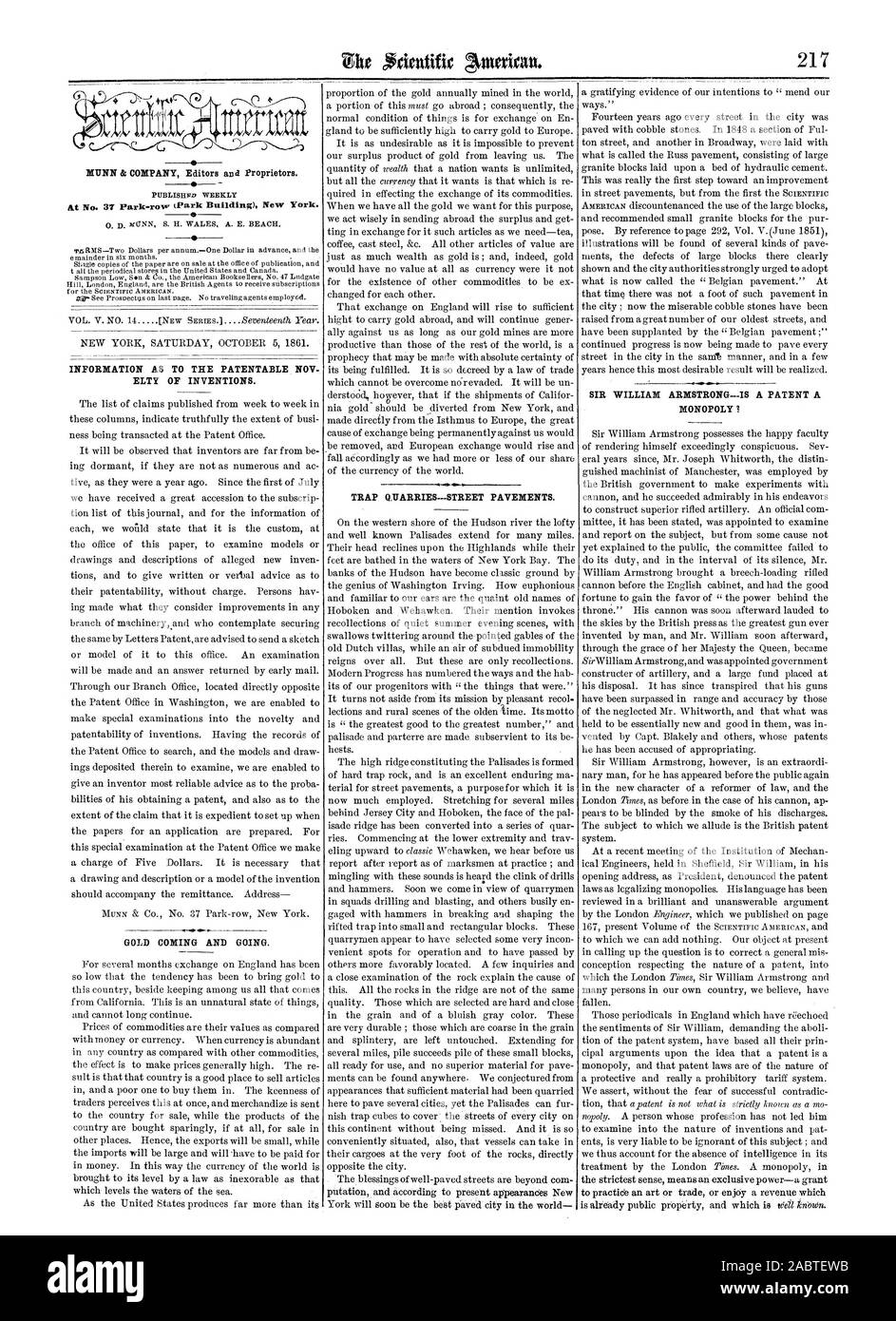 Informazioni come il brevettabile NOV ELTY delle invenzioni. Oro andando e venendo. Cave di TRAP-STREET marciapiedi. SIR WILLIAM ARMSTRONG--È UN BREVETTO UN MONOPOLIO l, Scientific American, 1861-10-05 Foto Stock