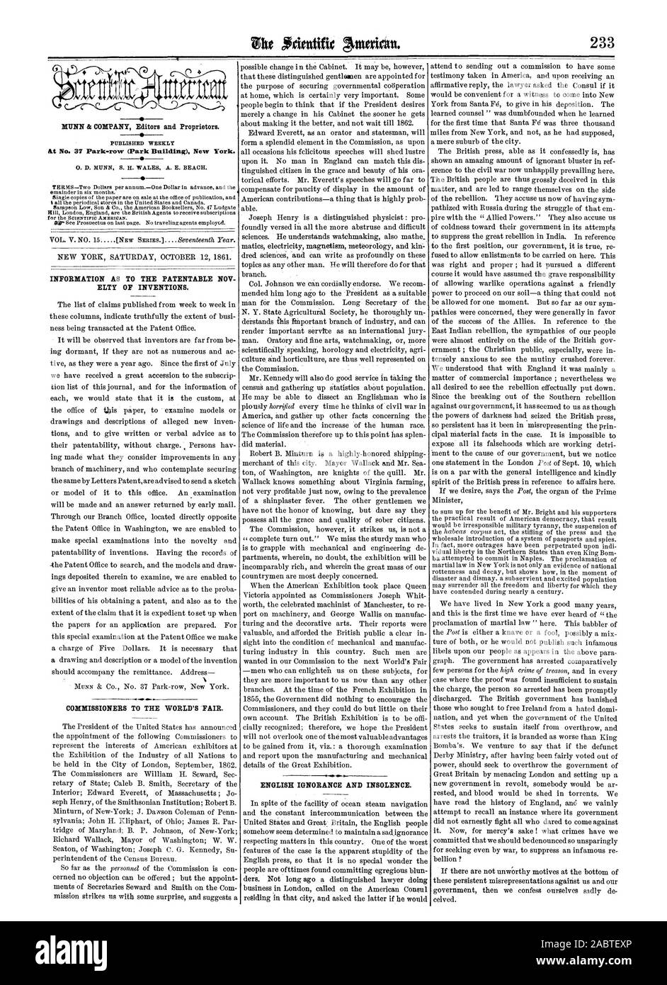 NEW YORK SABATO 12 OTTOBRE 1861. Informazioni come il brevettabile NOV ELTY delle invenzioni. I COMMISSARI PER LA FIERA MONDIALE. Inglese ignoranza e insolenza., Scientific American, 1861-10-12 Foto Stock