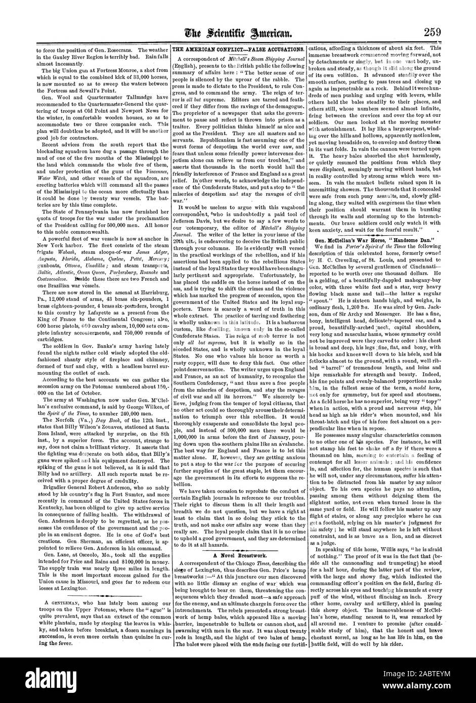 Il conflitto americano-false accuse. Un romanzo Breastwork. Gen. McClellan's War Horse 'bello Dan., Scientific American, 1861-10-26 Foto Stock