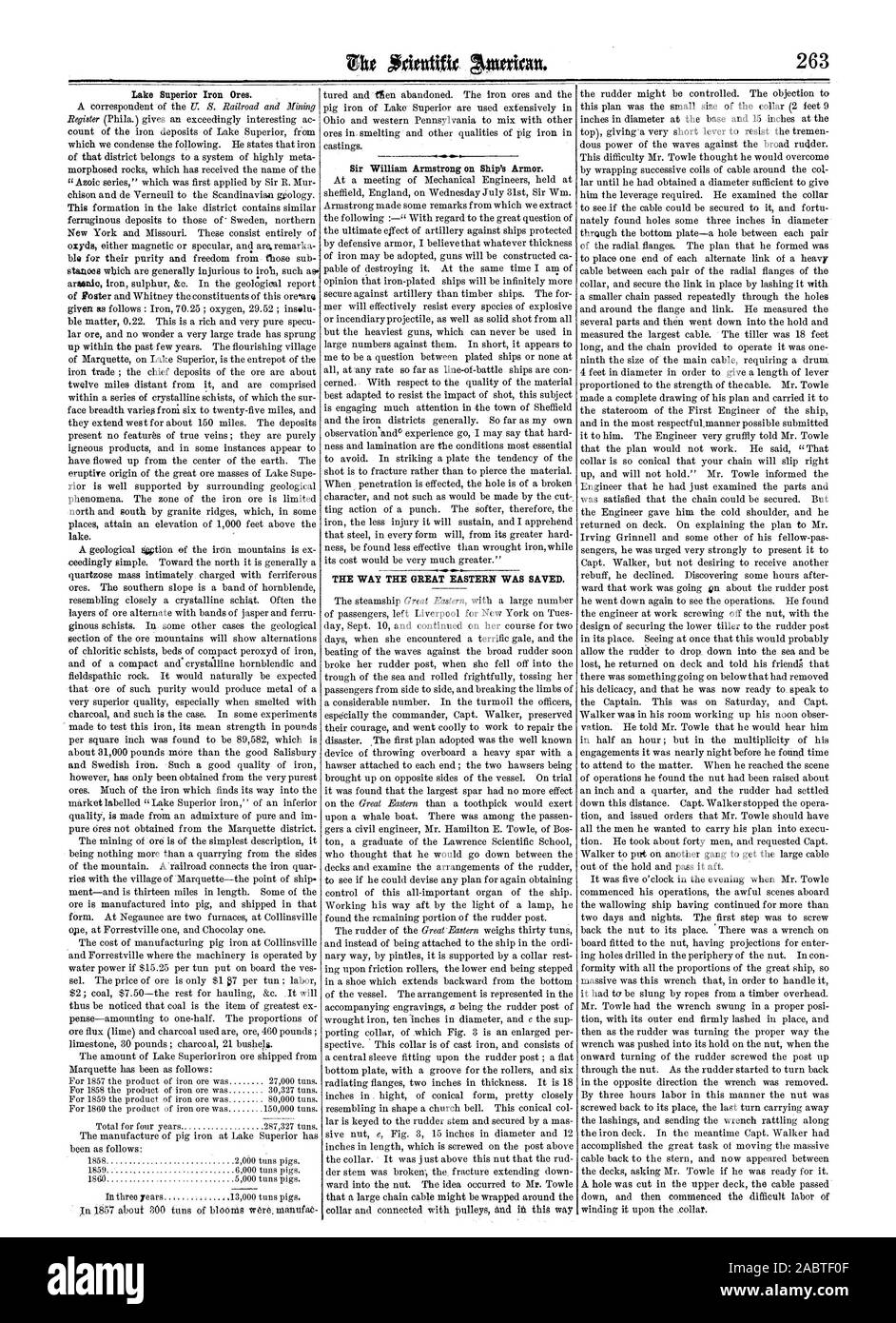 Lago Superiore minerali di ferro. Sir William Armstrong su nave's Armor. Il modo in cui la Great Eastern fu salvata., Scientific American, 1861-10-26 Foto Stock