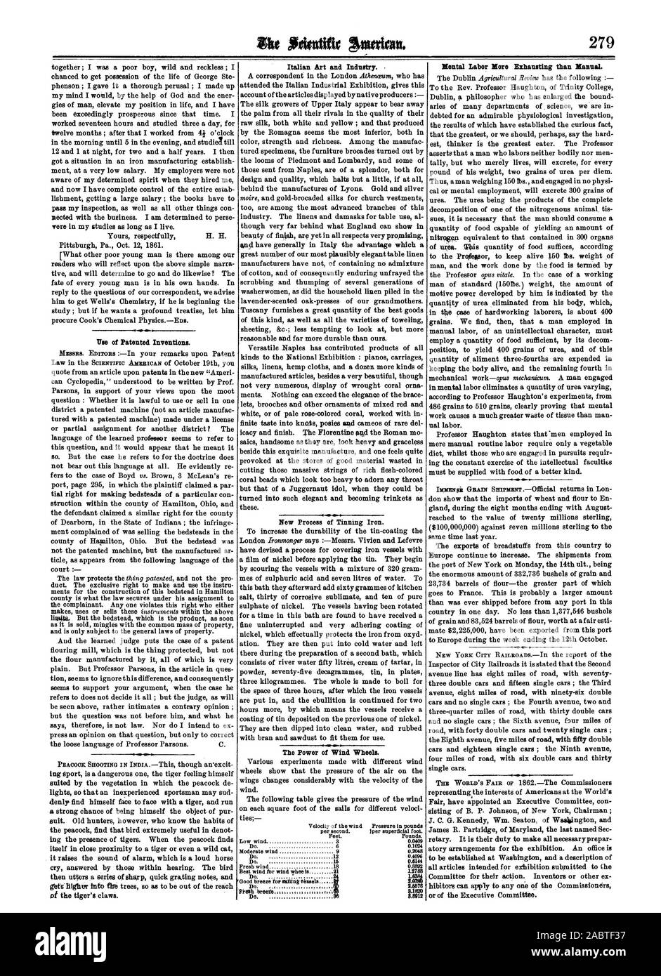 Invenzioni brevettate. Della tigre artigli. Arte italiana e industria. Nuovo processo di inscatolamento di ferro. Il potere di vento ruote. Il lavoro mentale più estenuante di manualmente, Scientific American, 1861-11-02 Foto Stock