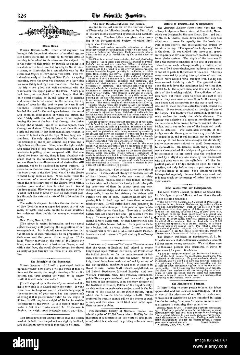 Cilindri a vapore. Il principio del barometro. I nuovi metalli--Rubidio e .Ca3di potassio. Difetti di ponti--Bad di lavorazione. Gentili parole dal nostro Cotemporaries. Per i piaceri del business., Scientific American, 1861-11-23 Foto Stock