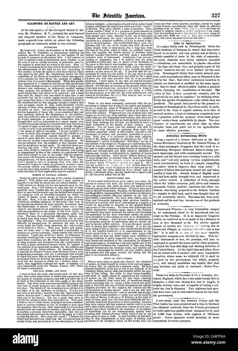 GLADSTONE SULLA NATURA E L'arte. La calce in agricoltura. Australian Acclimatizing sforzi., Scientific American, 1861-11-23 Foto Stock