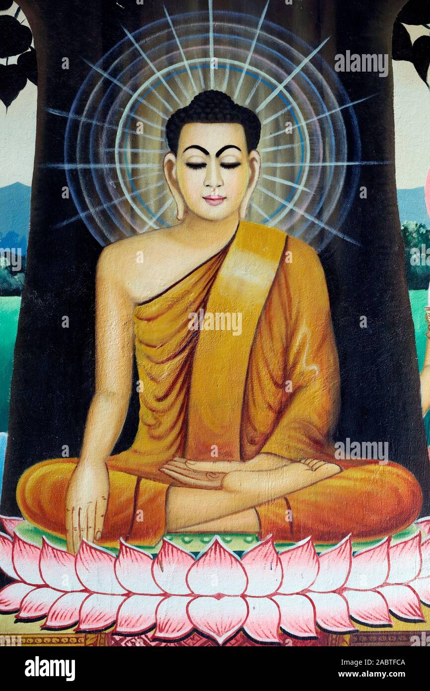 Srahchork monastero buddista. Dipinto raffigurante la storia della vita di Buddha Shakyamuni. Il Buddha meditando sotto il Bodhi Tree. Phnom Penh. Cambodi Foto Stock