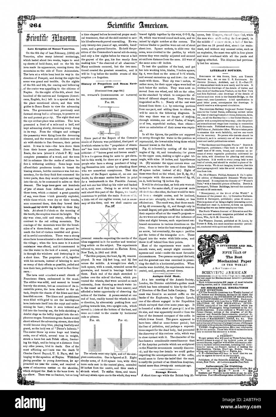 Fine eruzione del Vesuvio. chiesta.' Oro antico maschera. Avvisi letteraria. .Sr [1: strano evento. Quinto anno di meccaniche migliori della carta nel mondo! Un nuovo volume del Scientific American incitamento per clubbing. Zona a Sud e a ovest di denaro preso a par Jo' sub.' soriptions. Post Office Stainpli prese attheit pieno valore 1850-05-04 Foto Stock