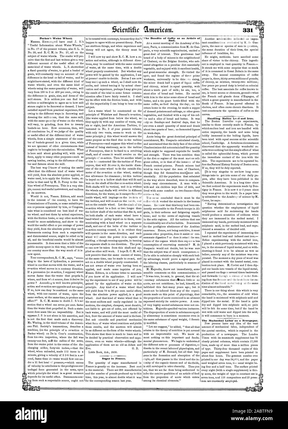 Parker's ruota di acqua i benefici del caffè come un articolo di cibo. La manipolazione di piombo fuso e ferro. La manodopera Mephanical su un giornale. Lo zucchero in Francia. Io! Giu 1W Ichs, Scientific American, 1850-07-06 Foto Stock