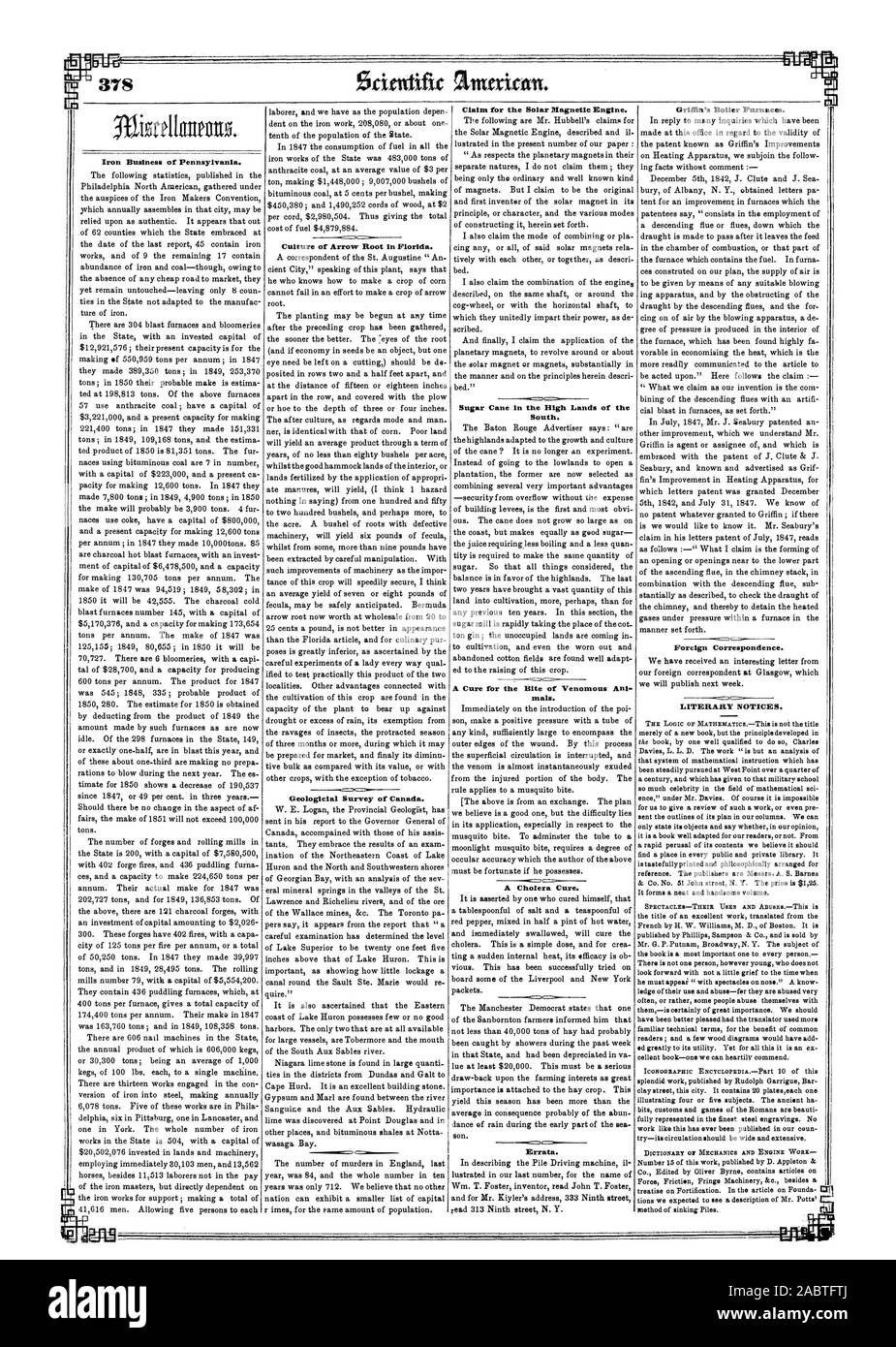 Business di ferro della Pennsylvania. La cultura della freccia Root in Florida. Sondaggio Geologicial del Canada. Rivendicazione per il solare motore magnetico. La canna da zucchero nelle alte terre del Sud. Una cura per il morso di Ani velenosi di Malles. Una cura del colera. Errata corrige. Griffin forni Boller. Corrispondenza estera. Avvisi letteraria., Scientific American, 1850-08-17 Foto Stock