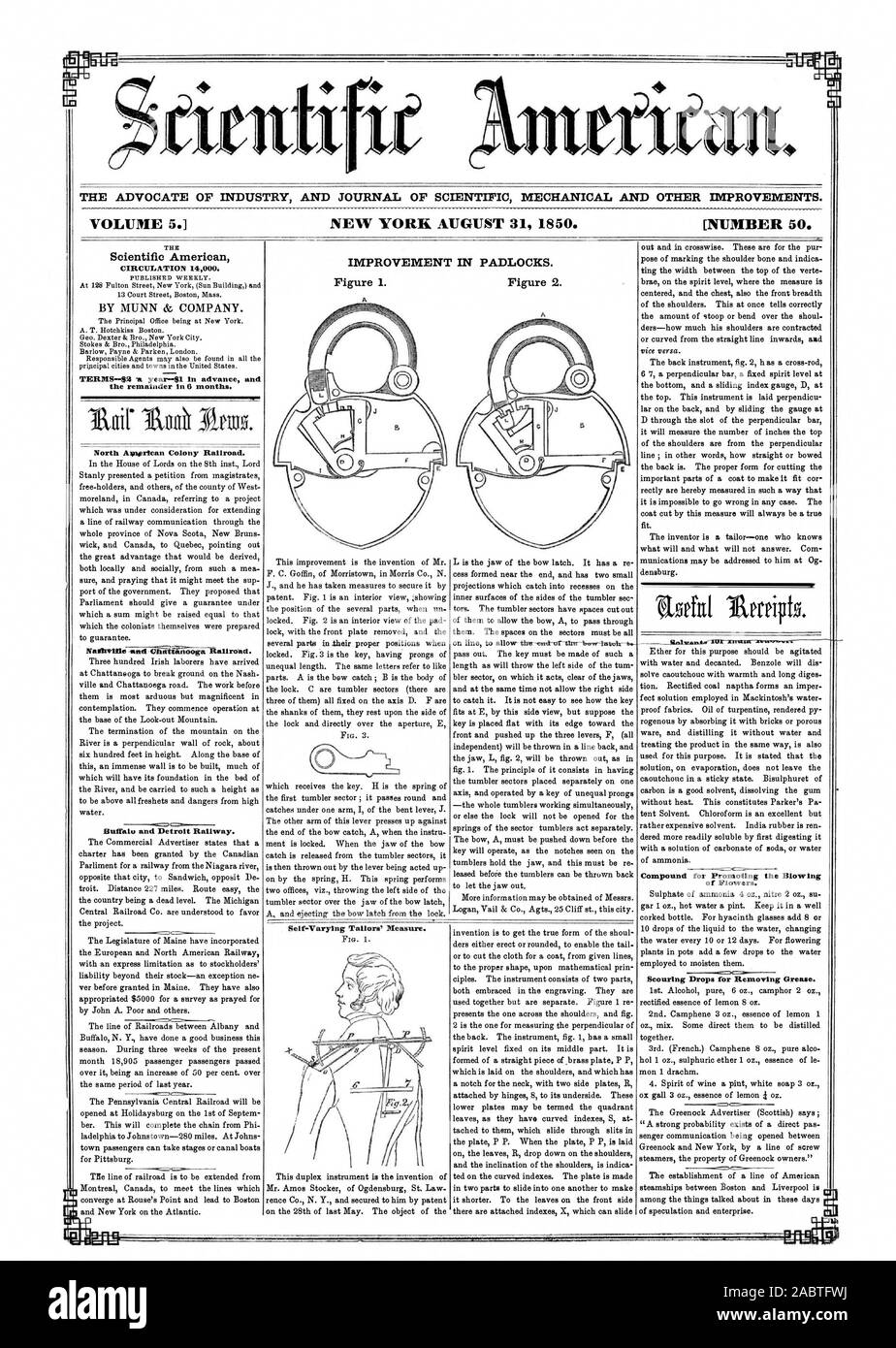 L' AVVOCATO DI INDUSTRIA E UFFICIALE DELLA MECCANICA scientifica e altri miglioramenti. VOLUME 5. NEW YORK, 31 agosto 1850. [Numero 50. Miglioramento di lucchetti. Il Scientific American figura I. La Figura 2., 1850-08-31 Foto Stock