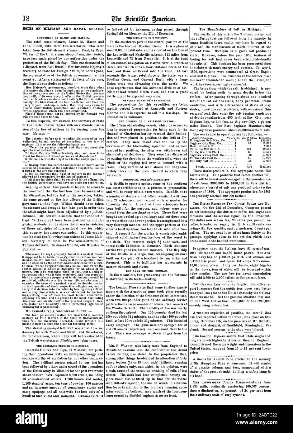 Note sui militari e gli affari navali. La rinuncia di Mason e SLIDELL. La ribellione CBTJSHED nel Missouri. La situazione in Kentucky. BURNSIDE GENERALE PER LA SPEDIZIONE. La chiusura del charleston IIARBOR. COMMODORE PORTER per la spedizione. L'ESERCITO SULLA POTO3fAC. La produzione di sale in Michigan. I dazi sollevata sul tè caffè e zucchero MO loro scala ordinaria dell'occupazione., Scientific American, 1862-01-11 Foto Stock