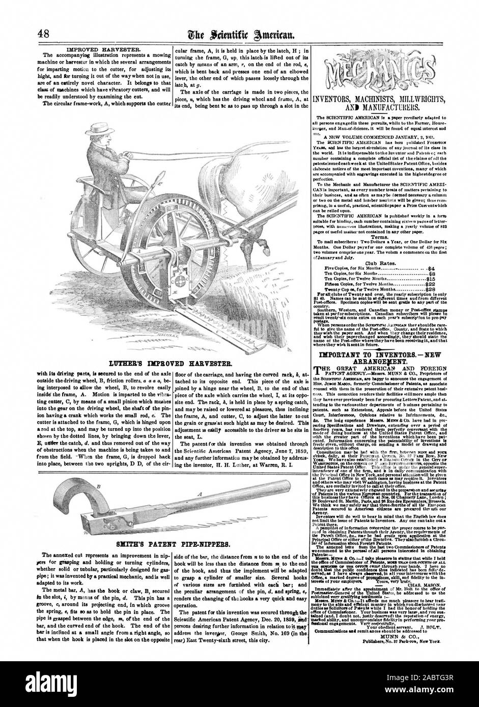 Mietitrice migliorata. Disegni illustrazione rappresenta una macchina rasaerba o semovente in cui le varie modalità di movimentazione della taglierina per regolare la sua ansa e per trasformare l'IT in modo che non sia di intralcio quando non in uso sono del tutto un nuovo carattere. Essa appartiene a quella categoria di macchine che hanno vilwatory taglierine e saranno facilmente compresi esaminando il taglio. La cornice circolare di un lavoro che supporta la taglierina cular un telaio è tenuto in posizione dal latch H ; in ruotando il telaio G fino questo latch-viene sollevata dalla sua che è piegata indietro e preme un estremità di un Foto Stock