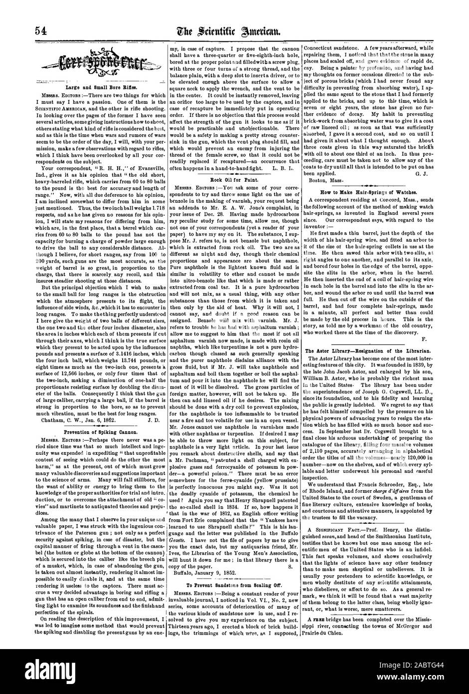 Grande e piccolo foro fucili. Prevenzione di spiking Cannon. Come rendere Hair-Springs di orologi. La libreria di Astor-dimissioni del bibliotecario. , Scientific American, 1862-01-25 Foto Stock