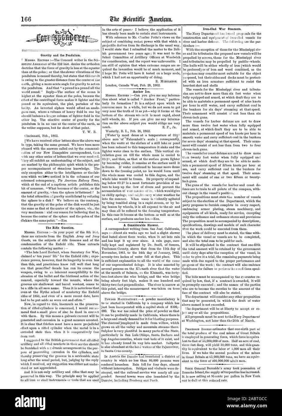 Ancorare il ghiaccio. Un notevole doccia. Guerra Iron-Clad piroscafi., Scientific American, 62-03-15 Foto Stock