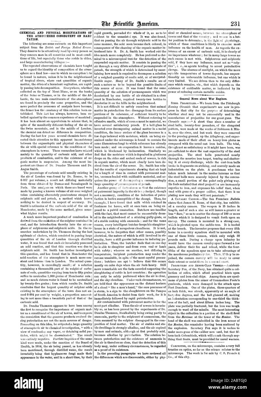 Modifiche chimiche o fisiche dell'atmosfera conseguente su HABI tazione. Notizie generali sui motori di guerra., Scientific American, 1862-04-12 Foto Stock